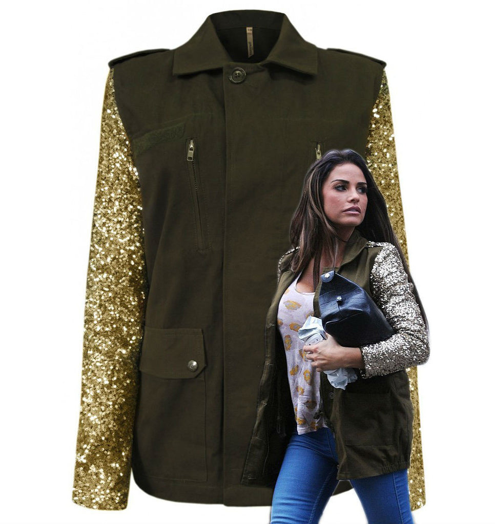 Celebrity Dark Khaki & Gold Sequin Sleeve Jacket