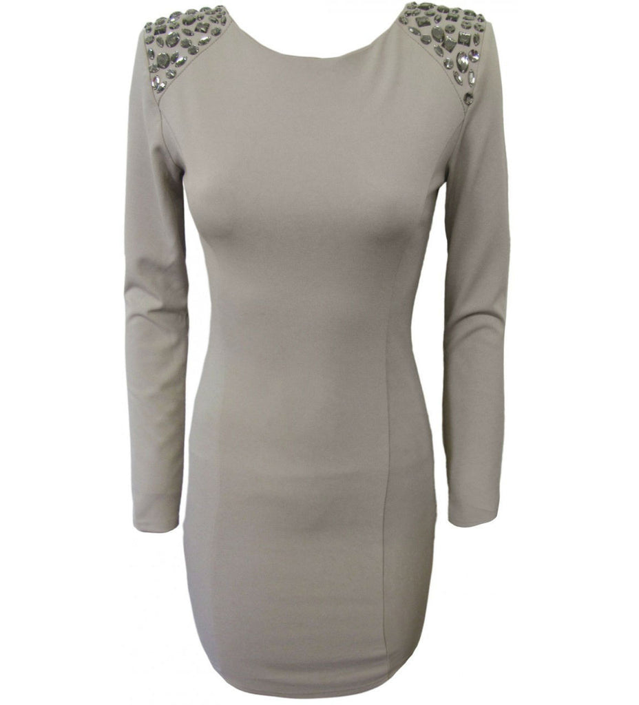 Beige Jewel-Encrusted Shoulder Bodycon Dress