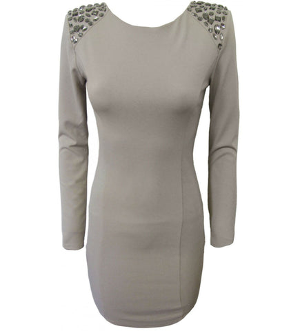 Beige Jewel-Encrusted Shoulder Bodycon Dress