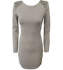 Beige Jewel-Encrusted Shoulder Bodycon Dress