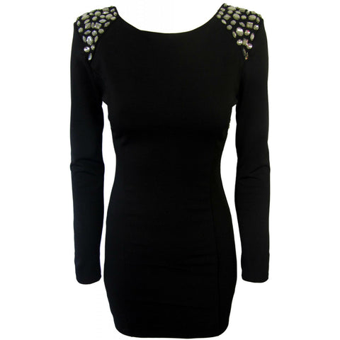 Black Jewel-Encrusted Shoulder Bodycon Dress