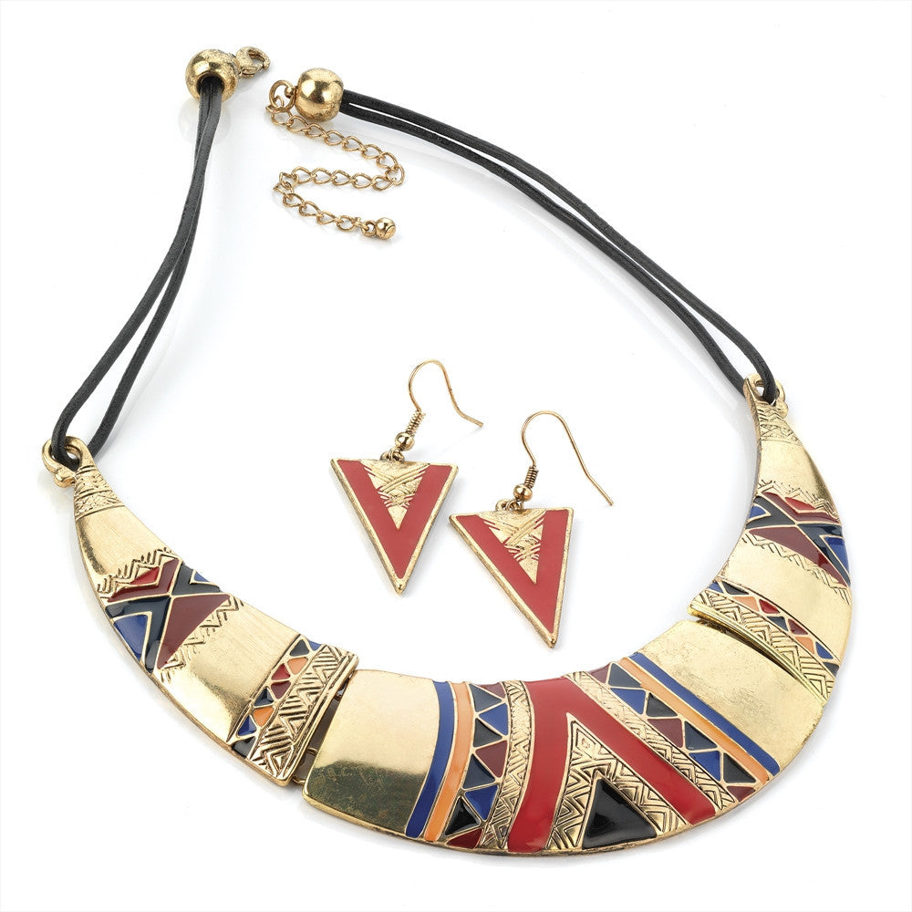 Gold Colour Aztec Necklace And Earring Set