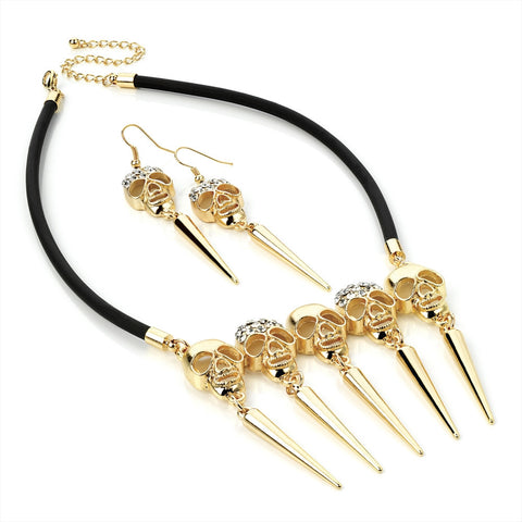 Gold Colour Crystal Skull Cord Necklace And Earring Set