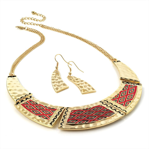 Gold Colour Red Half Moon Chain Necklace And Earring Set